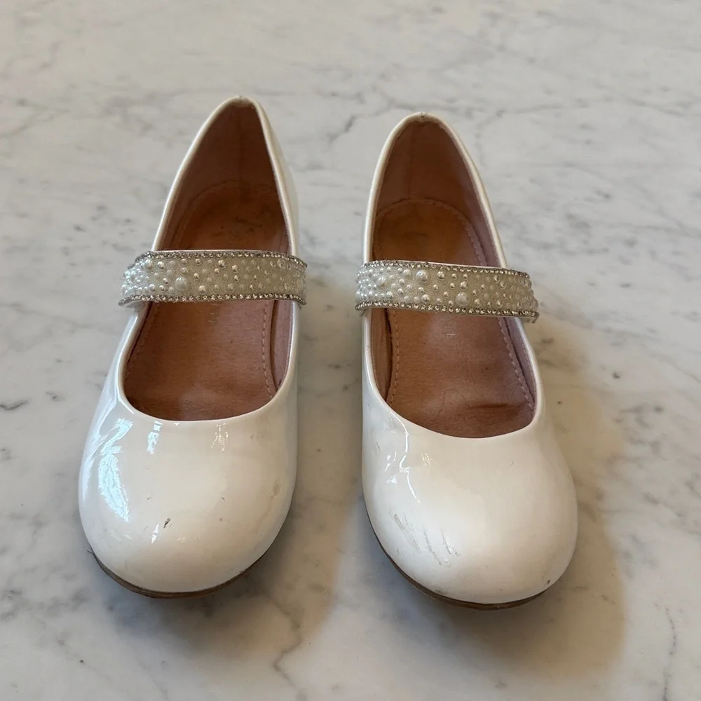 Kelly & Katie Girls Eva Mary Jane Pumps White Patent Rhinestone 3 Dress Shoes